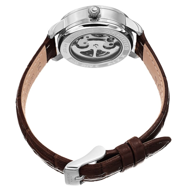 Akribos XXIV Ladies Automatic Skeletal Brown Leather Strap Watch