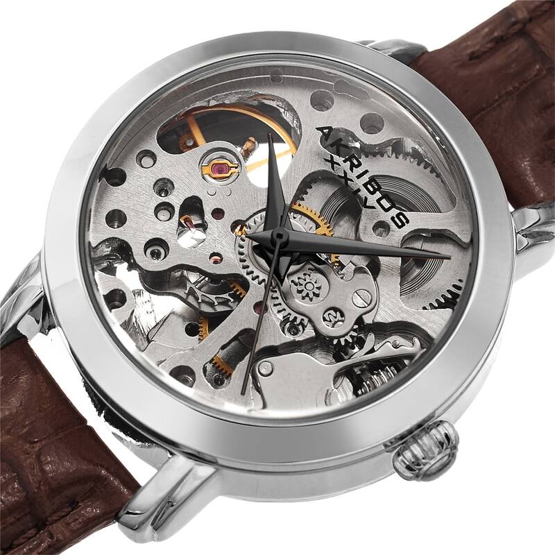 Akribos XXIV Ladies Automatic Skeletal Brown Leather Strap Watch