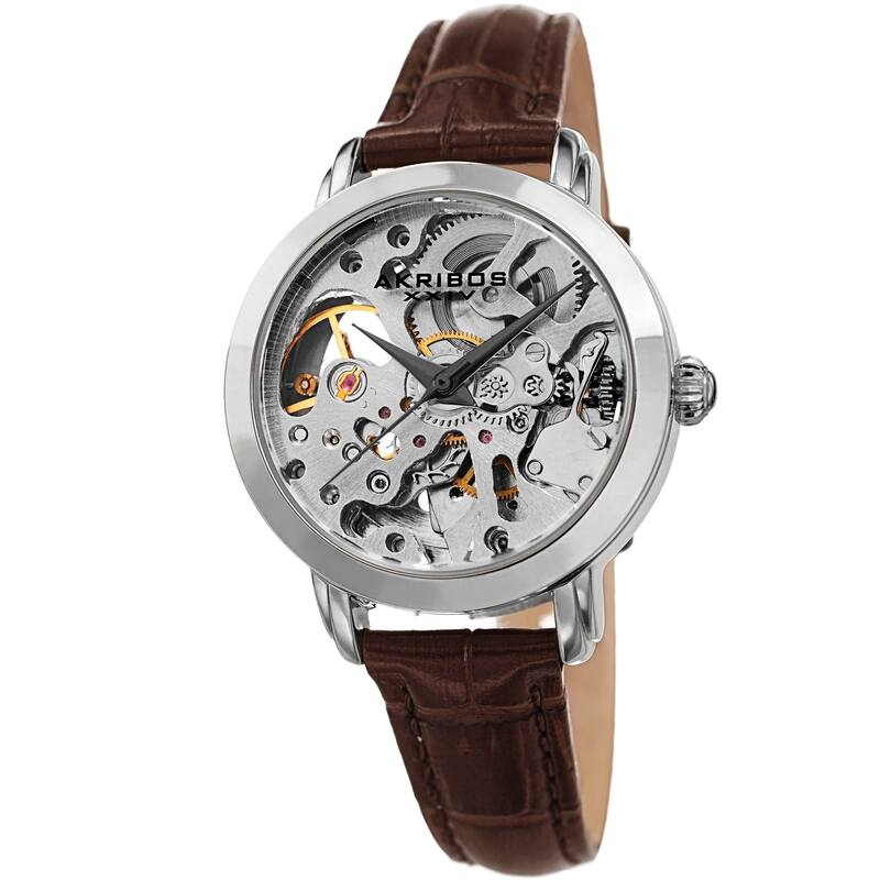 Akribos XXIV Ladies Automatic Skeletal Brown Leather Strap Watch