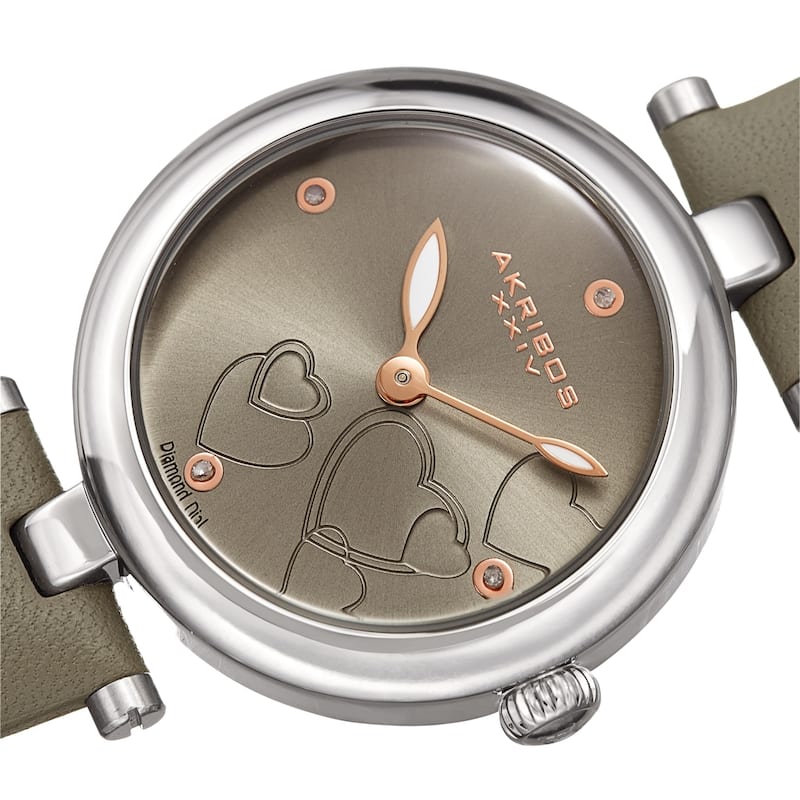 Akribos XXIV Ladies Diamond Heart Barbell Lugs Grey Leather Strap Watch