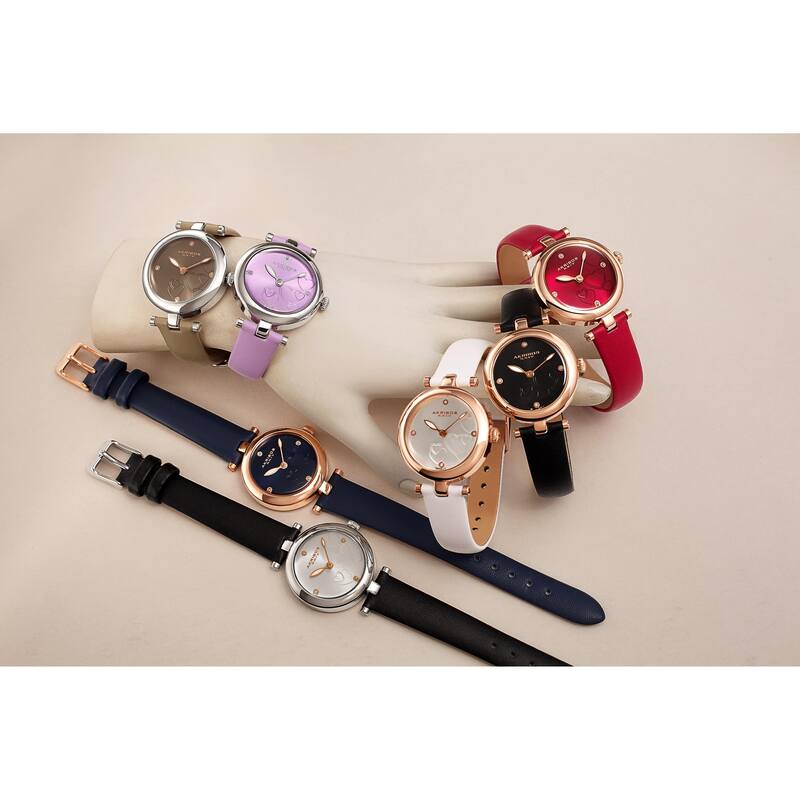 Akribos XXIV Ladies Diamond Heart Barbell Lugs Grey Leather Strap Watch