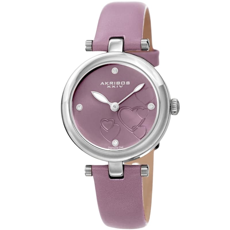 Akribos XXIV Ladies Diamond Heart Barbell Lugs Lavender Leather Strap Watch
