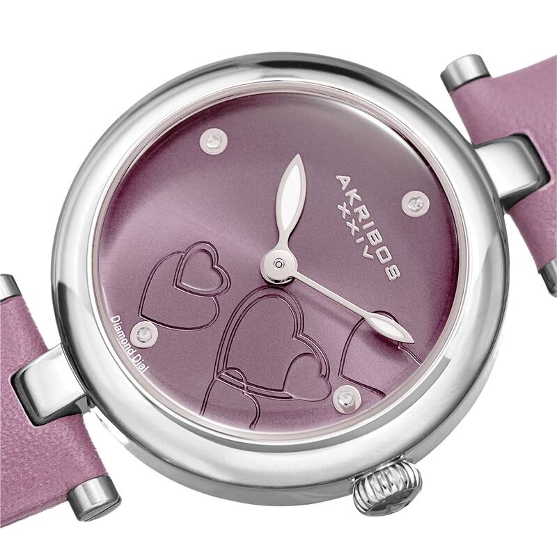 Akribos XXIV Ladies Diamond Heart Barbell Lugs Lavender Leather Strap Watch