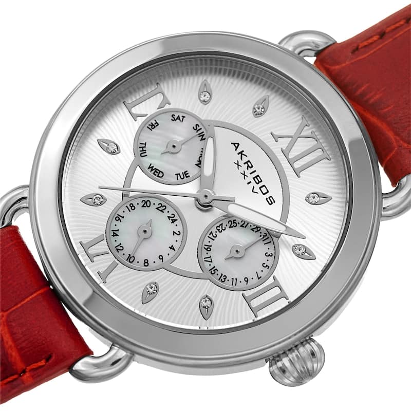 Akribos XXIV Ladies Date Swarovski Crystal Vintage Style Red Leather Strap Watch