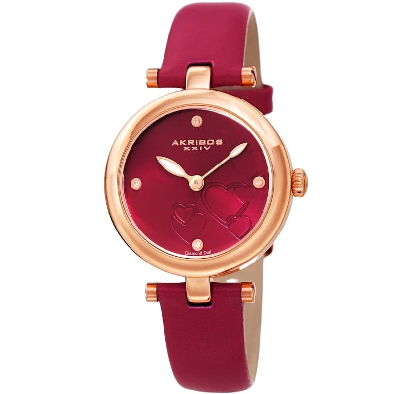Akribos XXIV Ladies Diamond Heart Barbell Lugs Dark Pink Leather Strap Watch