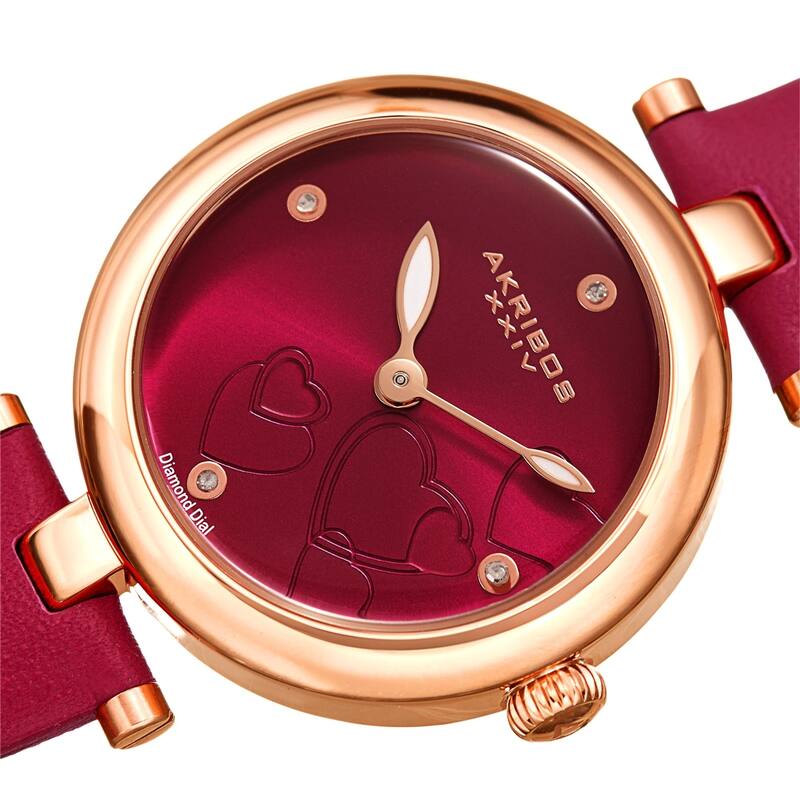 Akribos XXIV Ladies Diamond Heart Barbell Lugs Dark Pink Leather Strap Watch