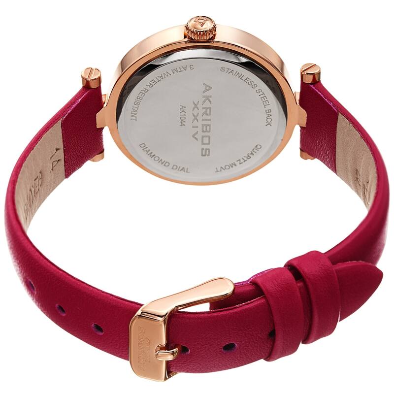 Akribos XXIV Ladies Diamond Heart Barbell Lugs Dark Pink Leather Strap Watch