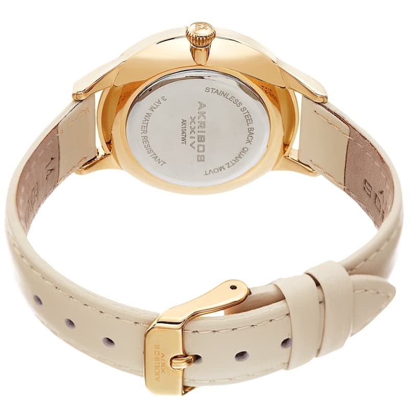 Akribos XXIV Ladies Diamond Floral White Leather Strap Watch