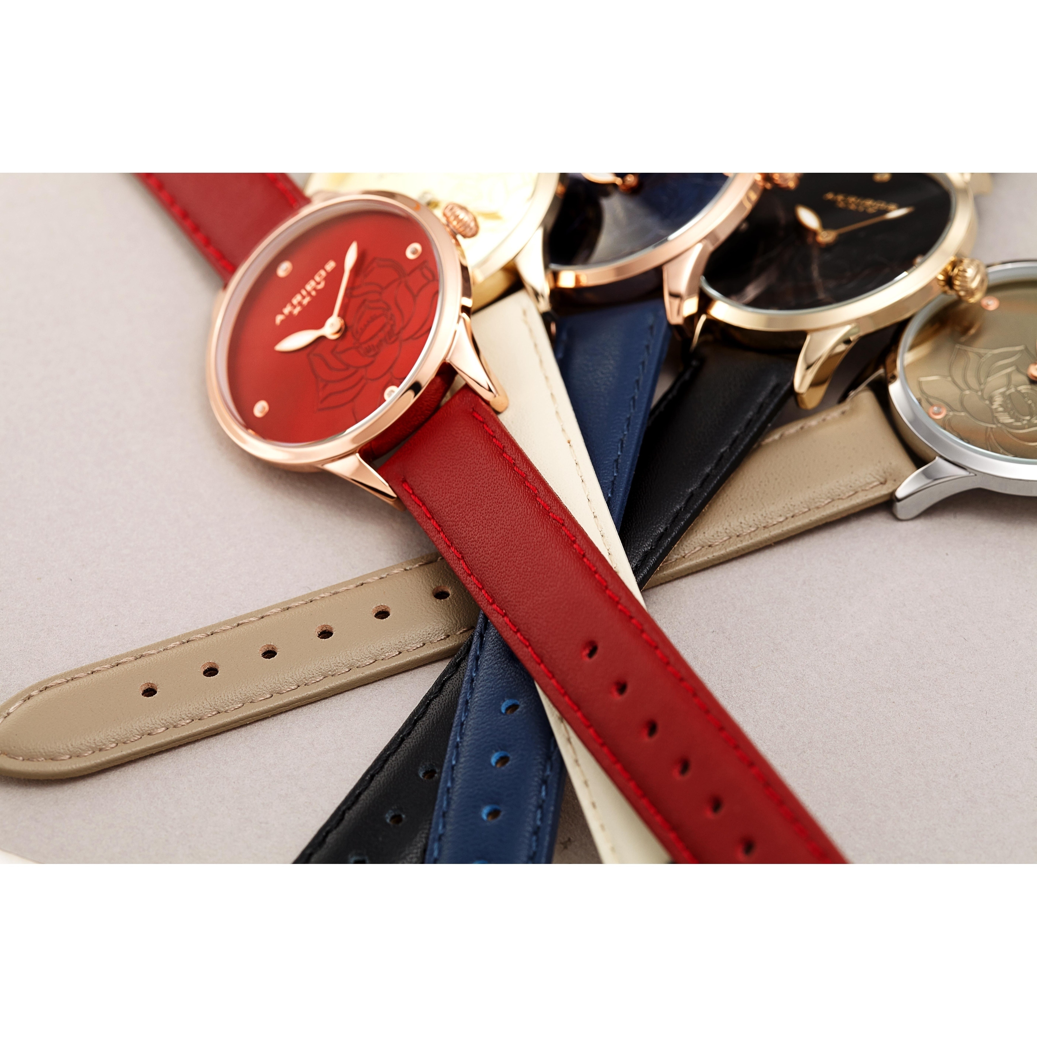 Akribos XXIV Ladies Diamond Floral White Leather Strap Watch