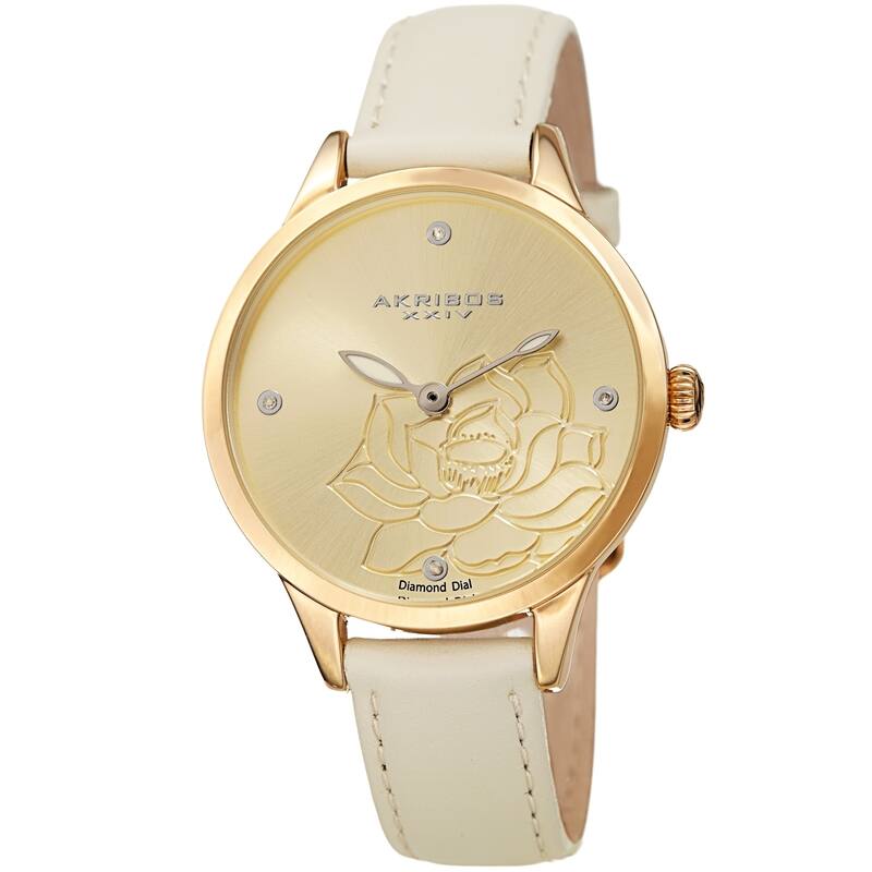 Akribos XXIV Ladies Diamond Floral White Leather Strap Watch