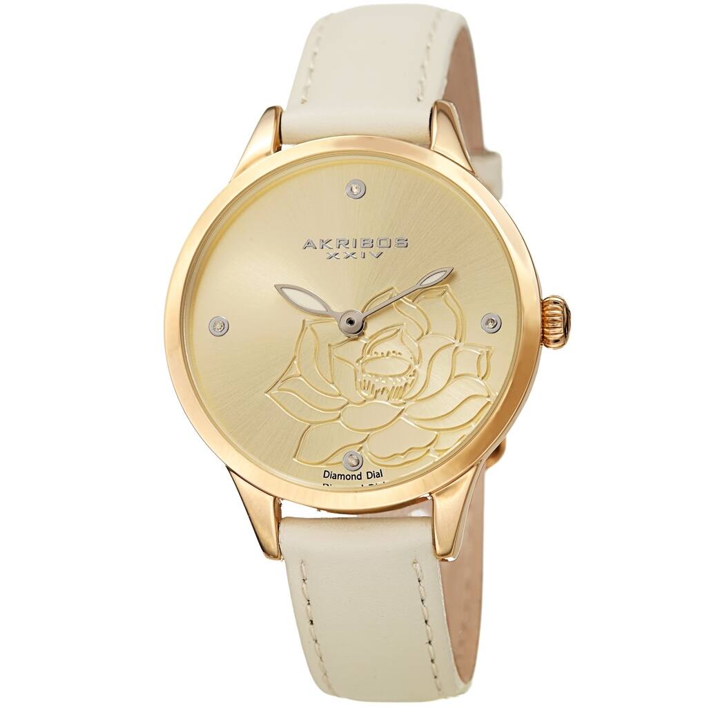 Akribos XXIV Ladies Diamond Floral White Leather Strap Watch