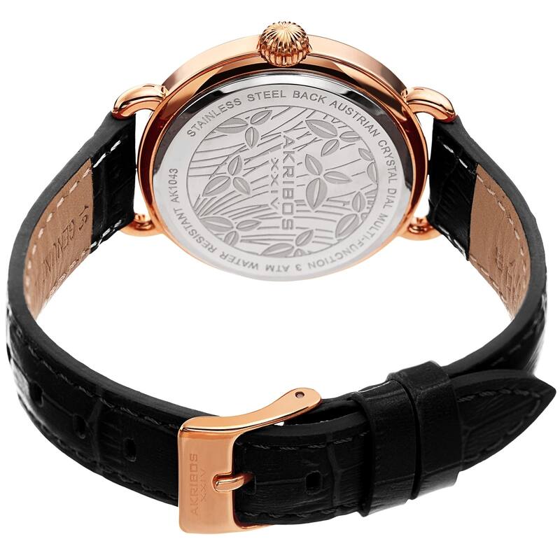 Akribos XXIV Ladies Date Swarovski Crystal Vintage Style Black Leather Strap Watch