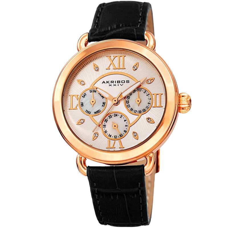 Akribos XXIV Ladies Date Swarovski Crystal Vintage Style Black Leather Strap Watch