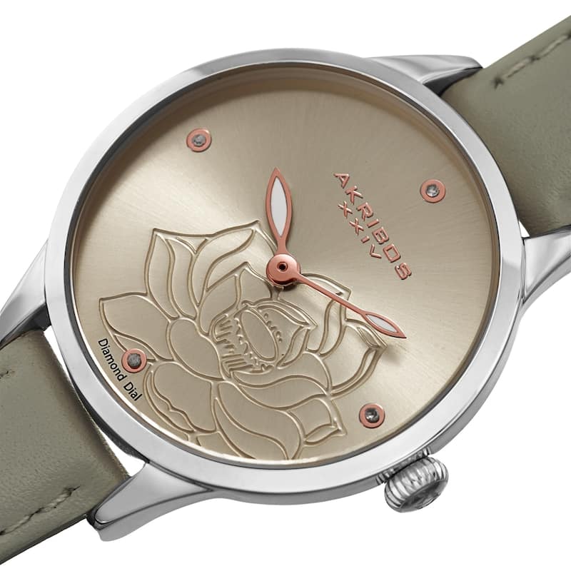 Akribos XXIV Ladies Diamond Floral Grey Leather Strap Watch