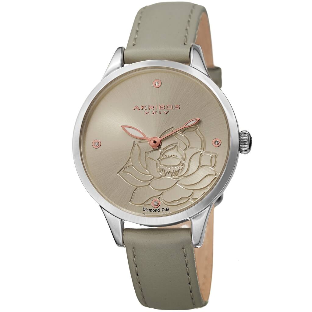 Akribos XXIV Ladies Diamond Floral Grey Leather Strap Watch