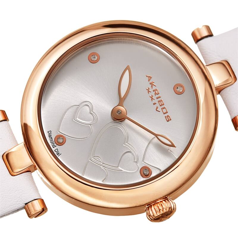 Akribos XXIV Ladies Diamond Heart Barbell Lugs White Leather Strap Watch