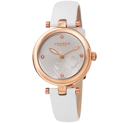 Akribos XXIV Ladies Diamond Heart Barbell Lugs White Leather Strap Watch