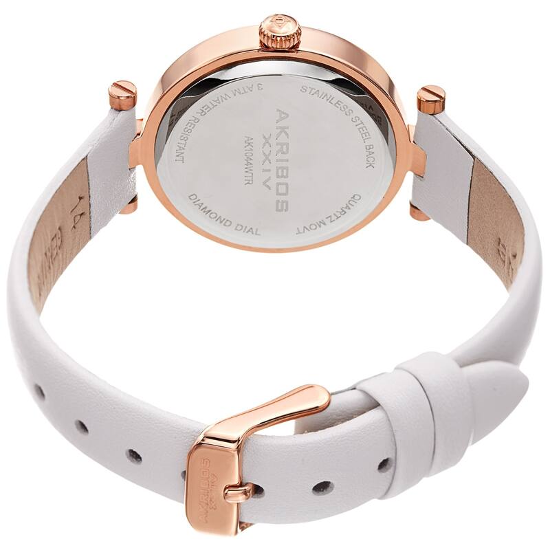 Akribos XXIV Ladies Diamond Heart Barbell Lugs White Leather Strap Watch