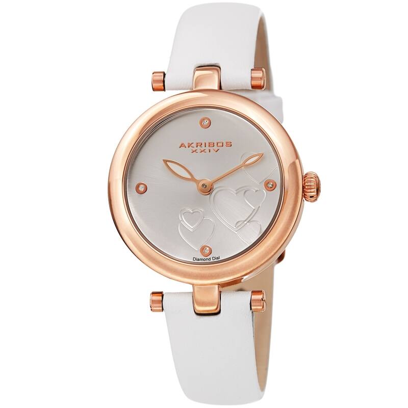 Akribos XXIV Ladies Diamond Heart Barbell Lugs White Leather Strap Watch
