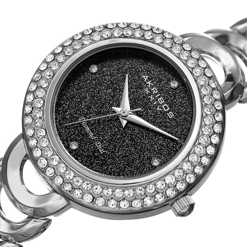 Akribos XXIV Ladies Diamond Glitter Dial Silver-tone Semi-circle Link Bracelet Watch