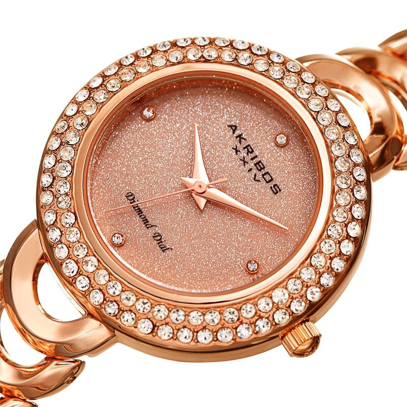 Akribos XXIV Ladies Diamond Glitter Dial Rose-tone Semi-circle Link Bracelet Watch