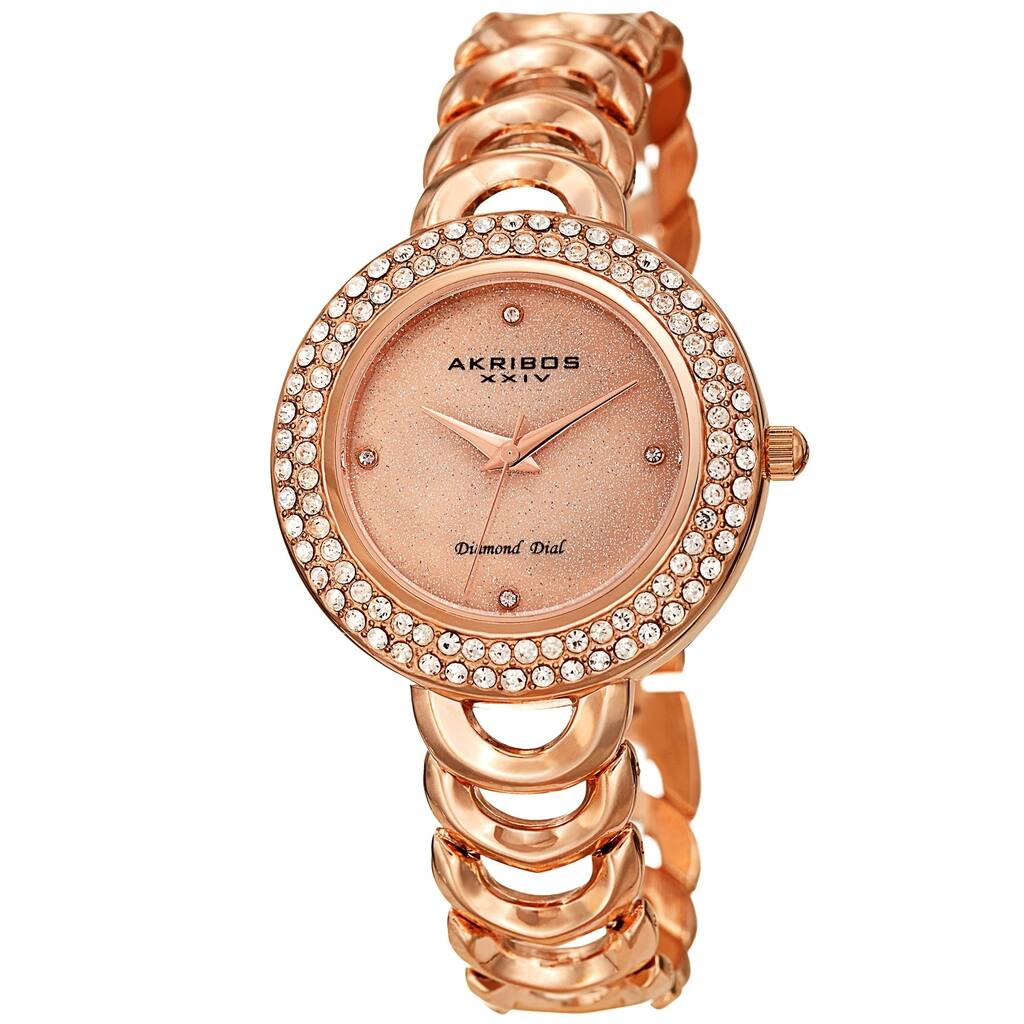 Akribos XXIV Ladies Diamond Glitter Dial Rose-tone Semi-circle Link Bracelet Watch