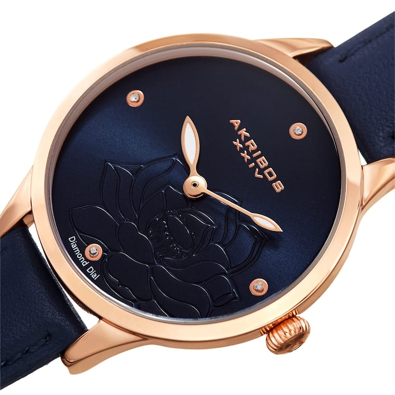 Akribos XXIV Ladies Diamond Floral Blue Leather Strap Watch