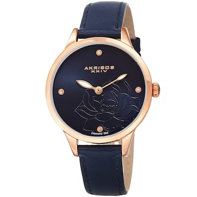 Akribos XXIV Ladies Diamond Floral Blue Leather Strap Watch