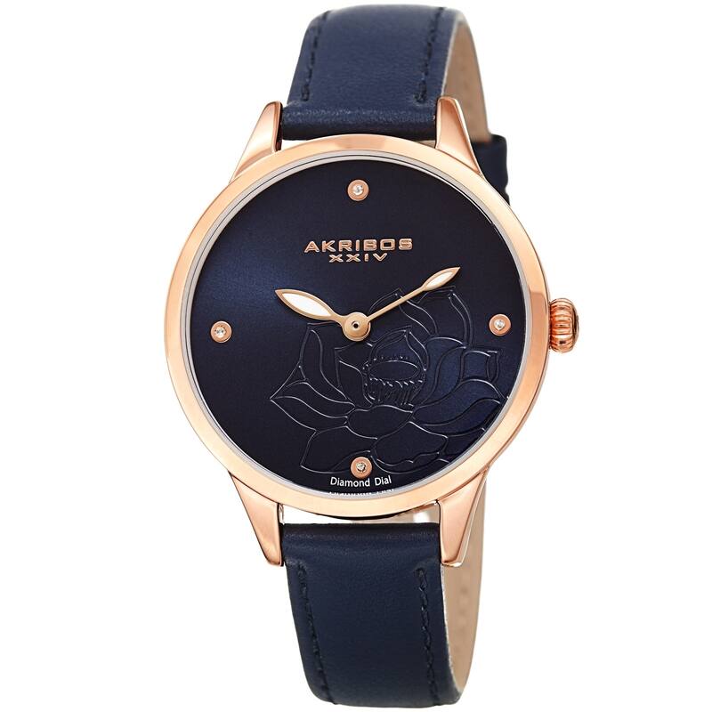 Akribos XXIV Ladies Diamond Floral Blue Leather Strap Watch