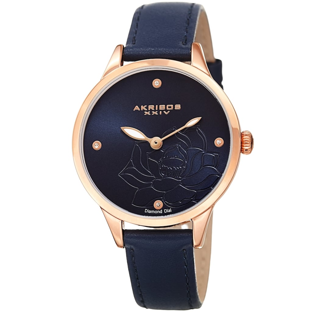 Akribos XXIV Ladies Diamond Floral Blue Leather Strap Watch