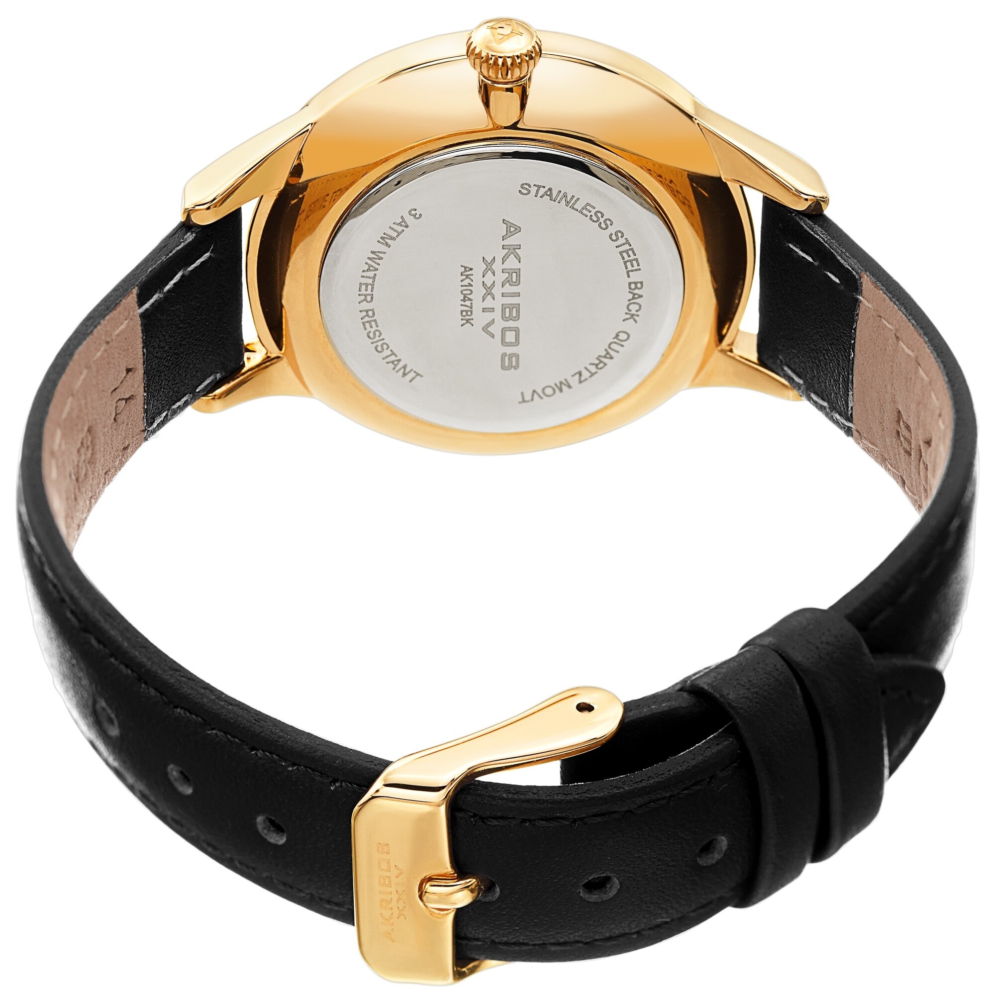 Akribos XXIV Ladies Diamond Floral Black Leather Strap Watch - On