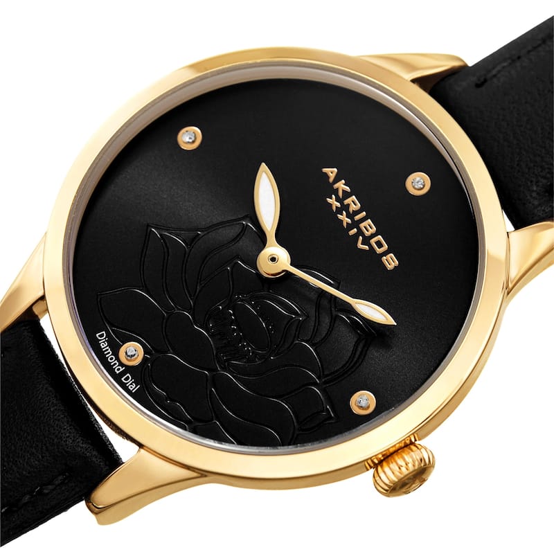 Akribos XXIV Ladies Diamond Floral Black Leather Strap Watch