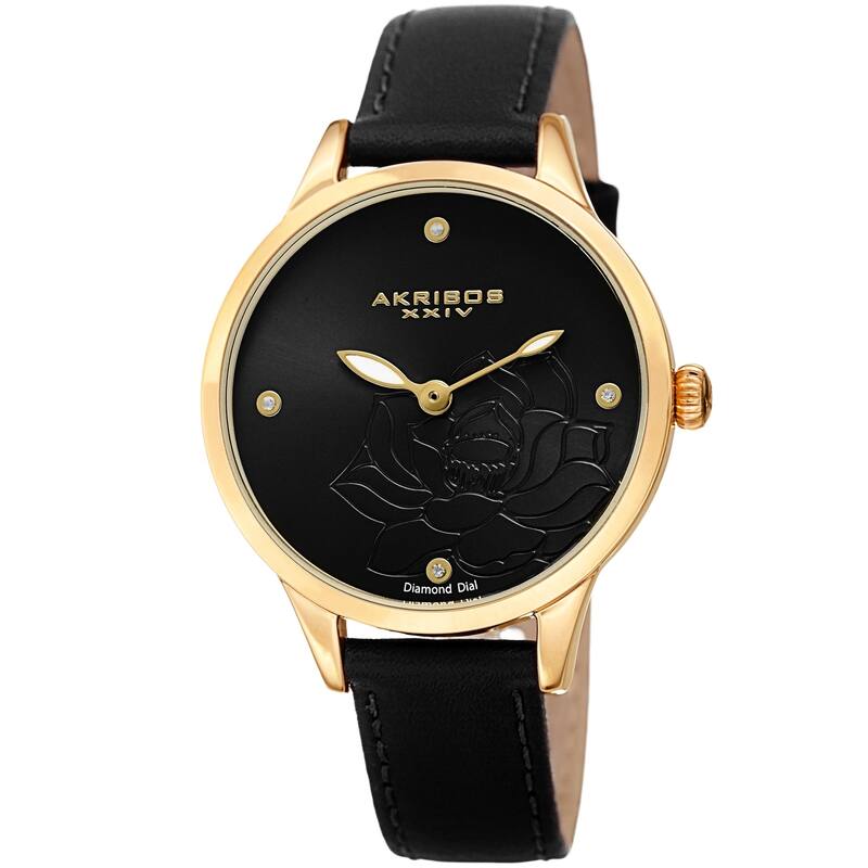 Akribos XXIV Ladies Diamond Floral Black Leather Strap Watch