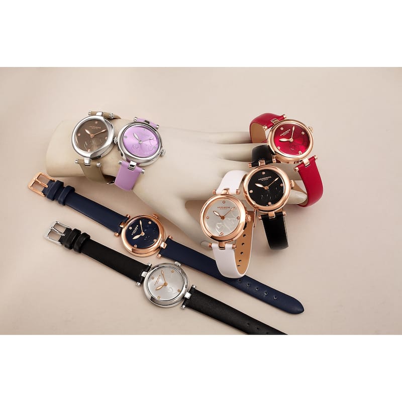 Akribos XXIV Ladies Diamond Heart Barbell Lugs Black Leather Strap Watch