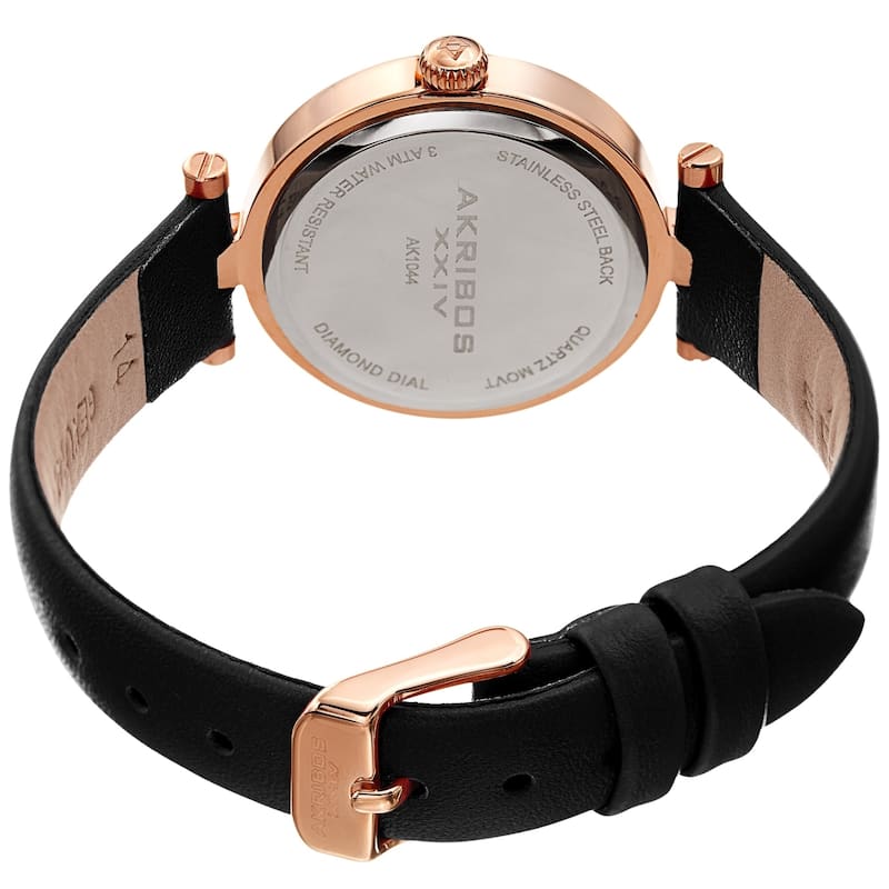 Akribos XXIV Ladies Diamond Heart Barbell Lugs Black Leather Strap Watch