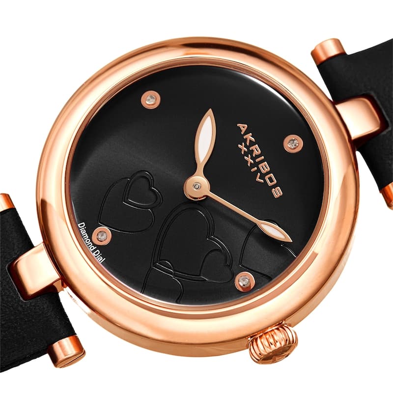 Akribos XXIV Ladies Diamond Heart Barbell Lugs Black Leather Strap Watch