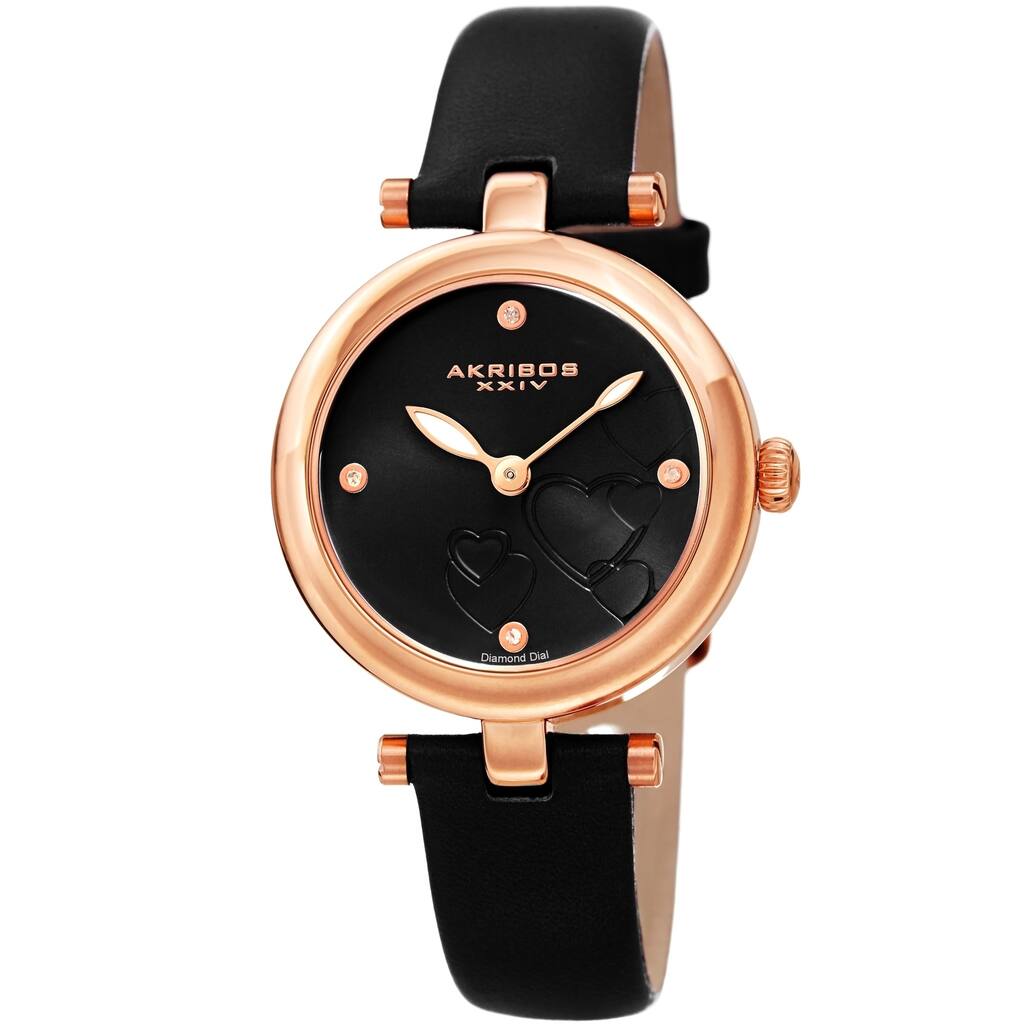 Akribos XXIV Ladies Diamond Heart Barbell Lugs Black Leather Strap Watch