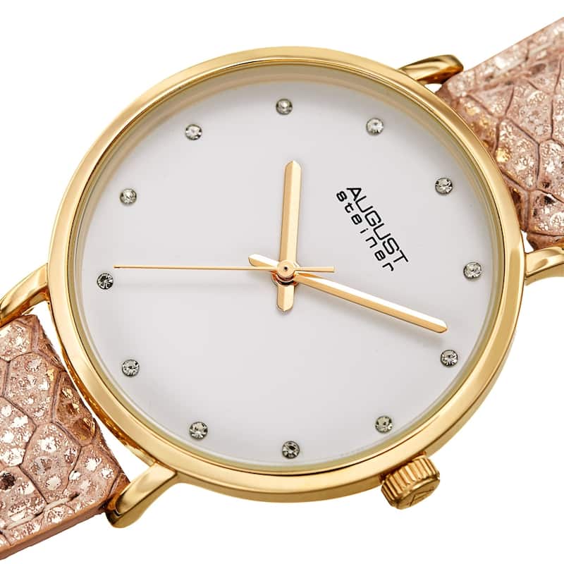 August Steiner Ladies Swarovski Crystal Lizard Patterned Rose Leather Strap Watch