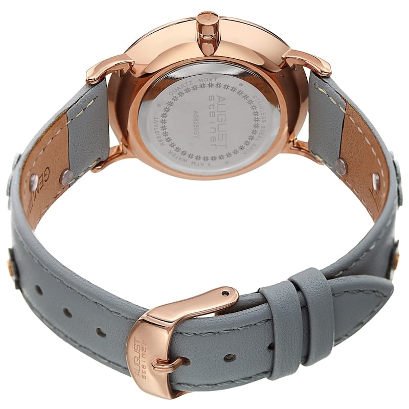 August Steiner Ladies Floral Stud Grey Leather Strap Watch