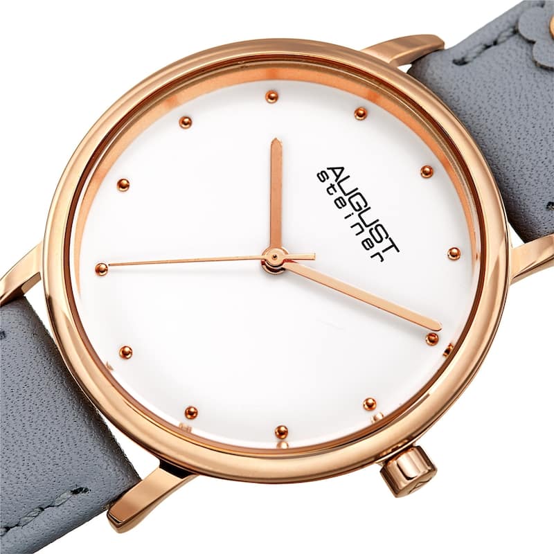 August Steiner Ladies Floral Stud Grey Leather Strap Watch