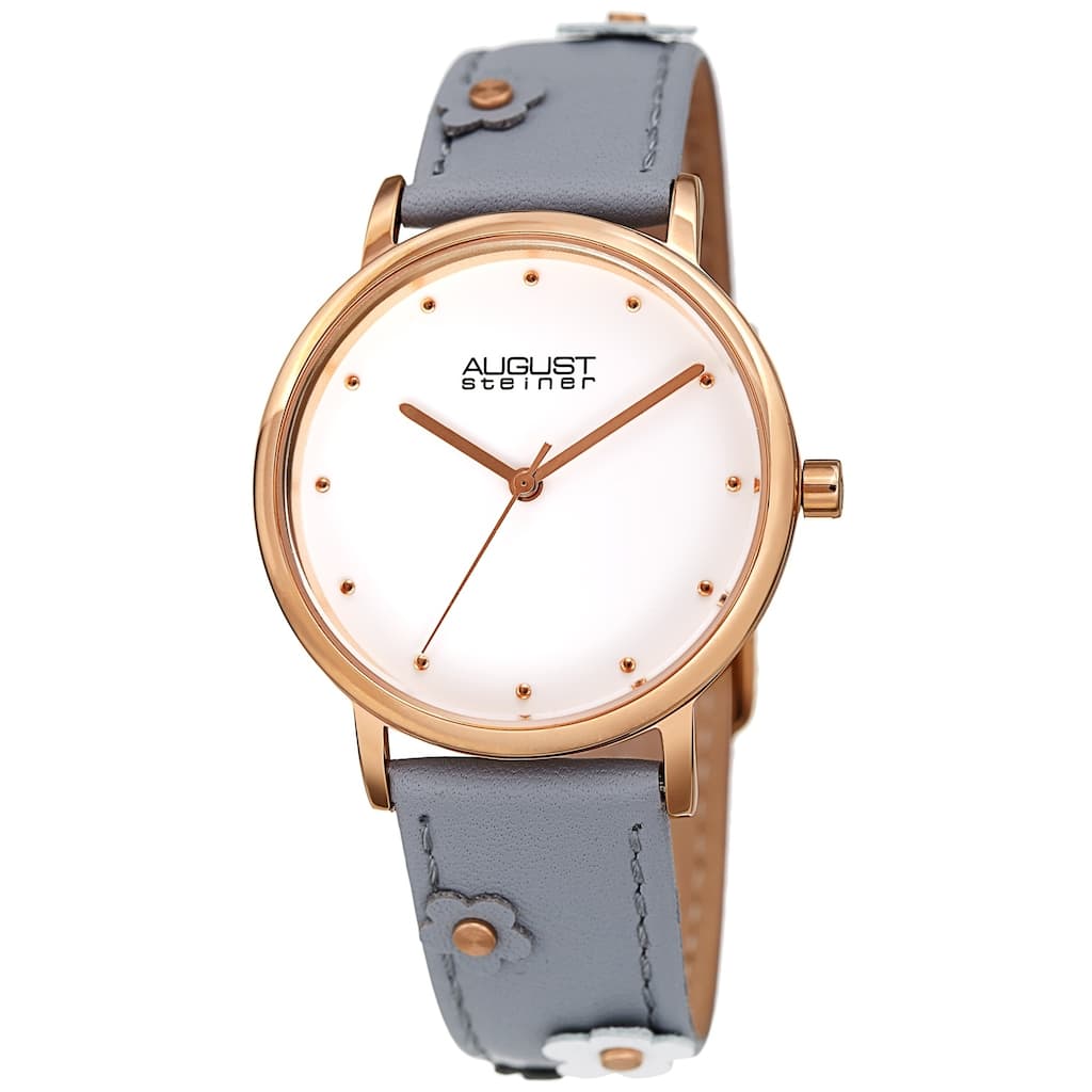 August Steiner Ladies Floral Stud Grey Leather Strap Watch