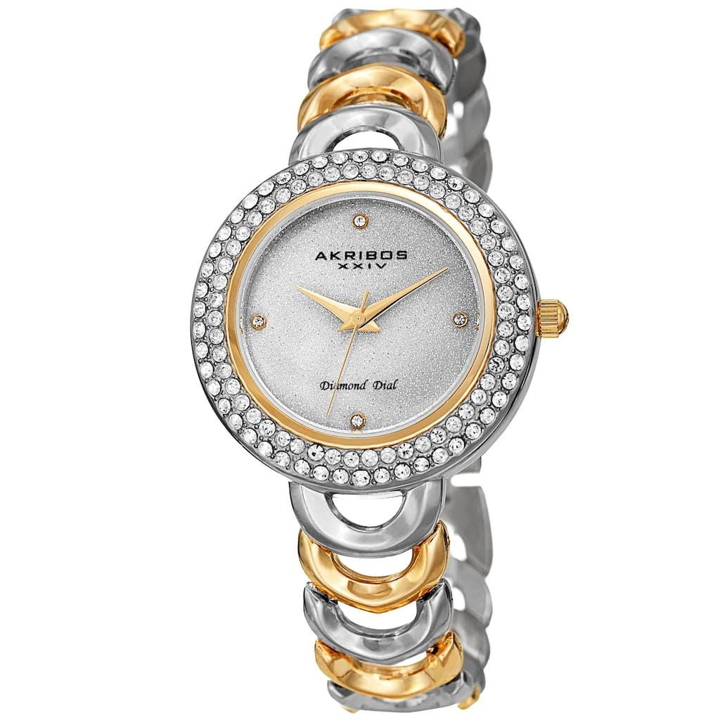 Akribos XXIV Ladies Diamond Glitter Dial Two-tone Semi-circle Link Bracelet Watch