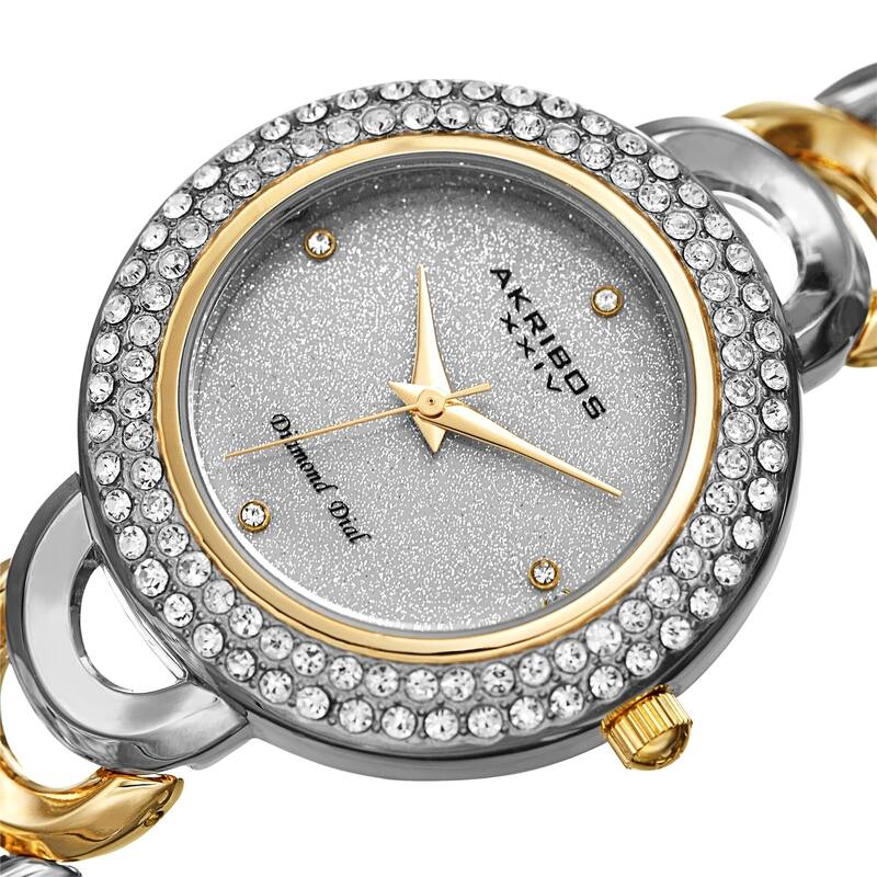 Akribos XXIV Ladies Diamond Glitter Dial Two-tone Semi-circle Link Bracelet Watch