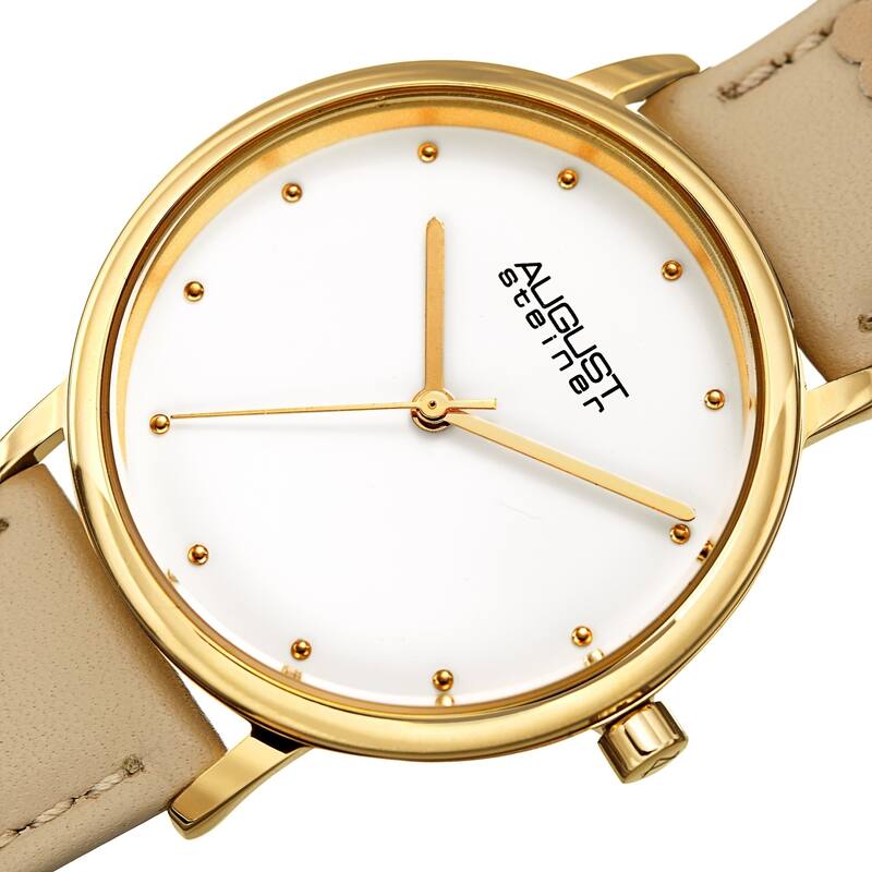August Steiner Ladies Floral Stud Beige Leather Strap Watch