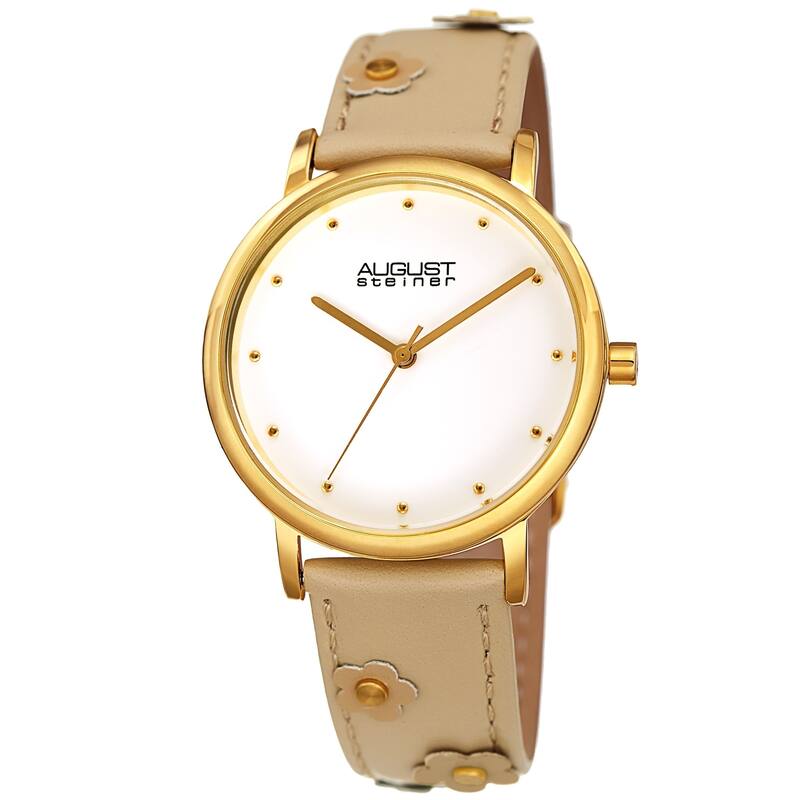 August Steiner Ladies Floral Stud Beige Leather Strap Watch
