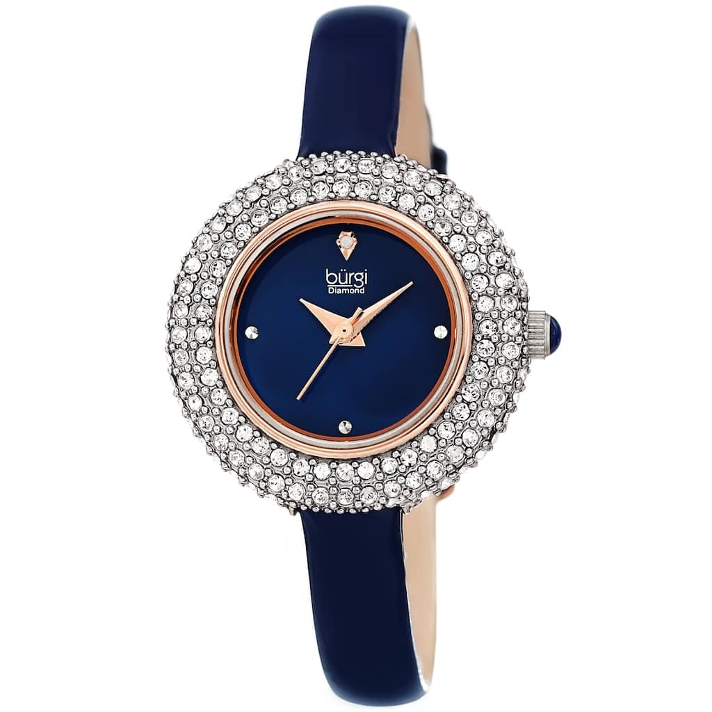 Burgi Ladies Diamond Swarovski Crystal Luxury Blue Leather Strap Watch