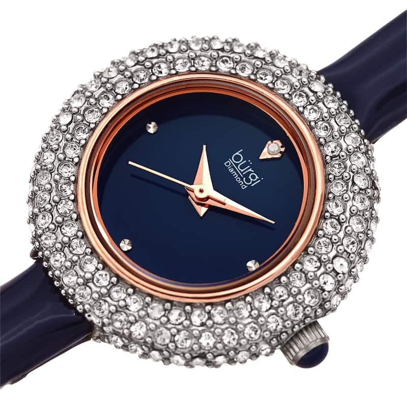 Burgi Ladies Diamond Swarovski Crystal Luxury Blue Leather Strap Watch