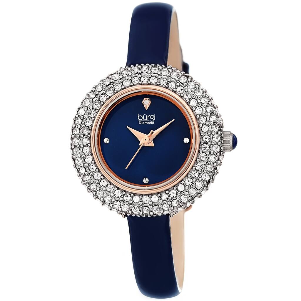 Burgi Ladies Diamond Swarovski Crystal Luxury Blue Leather Strap Watch