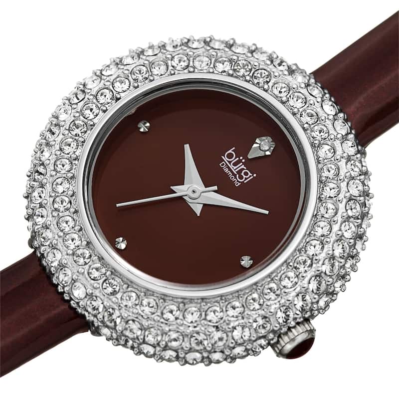 Burgi Ladies Diamond Swarovski Crystal Luxury Burgundy Leather Strap Watch
