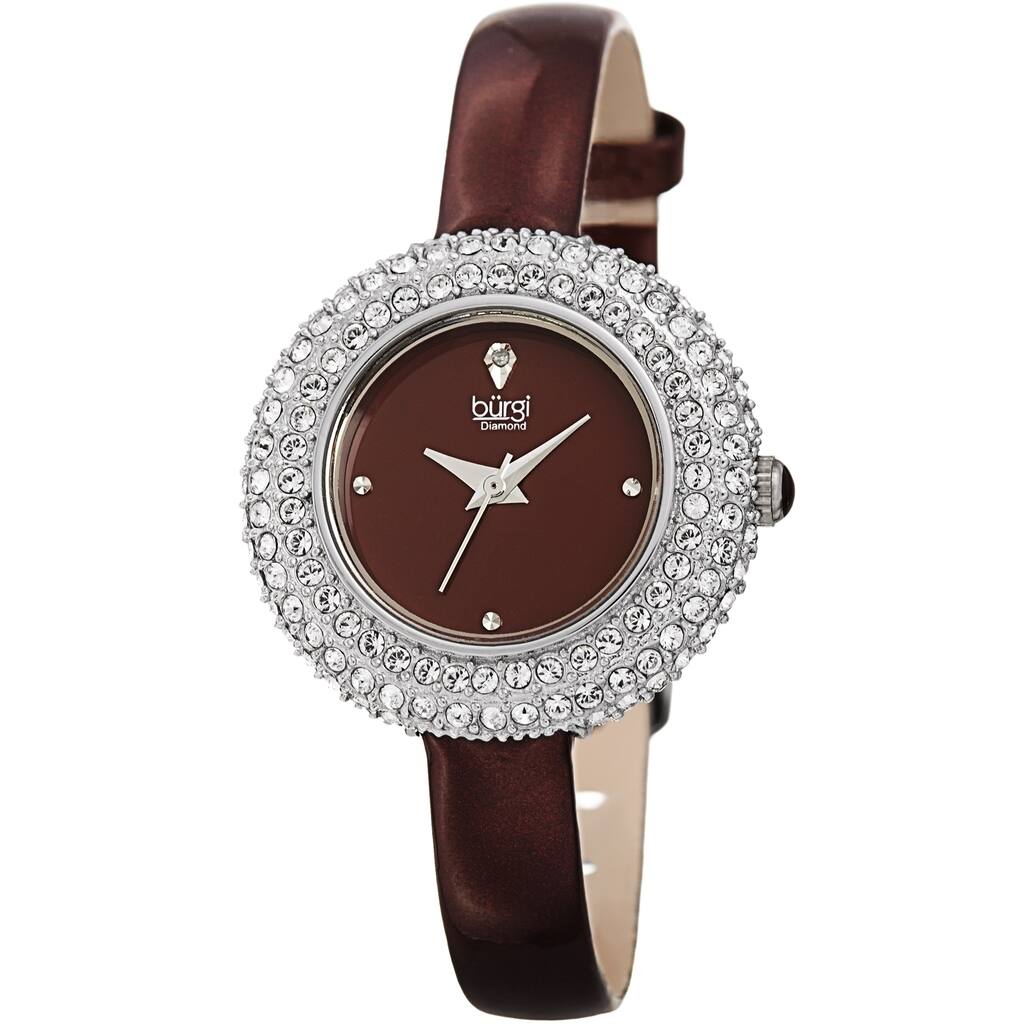 Burgi Ladies Diamond Swarovski Crystal Luxury Burgundy Leather Strap Watch